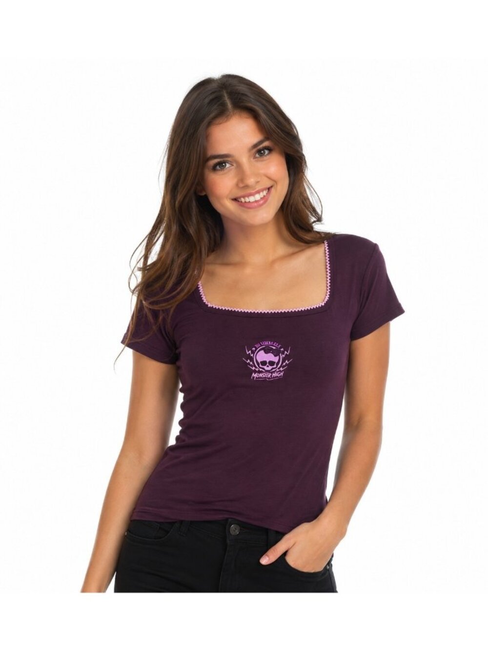 Monster High Womens M Purple Be Yourself Skull Embroidered Square Neck Top NWOT